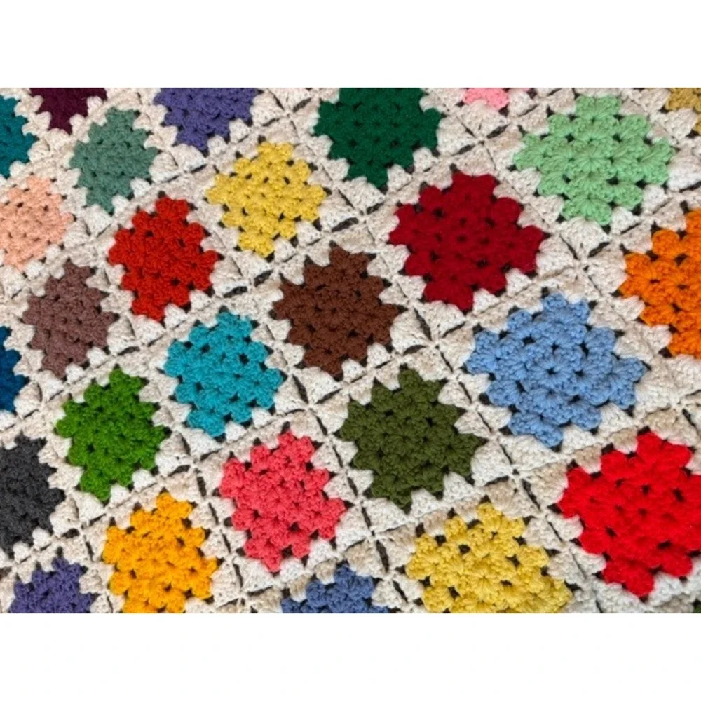 Vintage Handmade Crochet Granny Square Blanket Multi Boho Throw Afghan 67x60